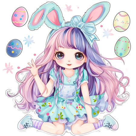 Holidays, spring and party concept. Portrait of lovely, cheerful blond girl in rabbit ears, holding colored eggs, celebrating Easter with family, enjoying spend traditional day with close peopleの素材