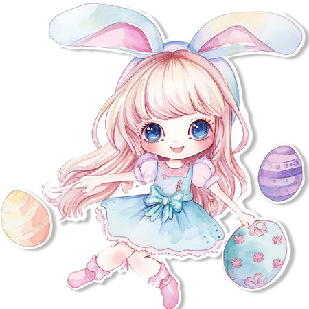 Cute little child wearing bunny ears on Easter day. Girl with painted eggs on bright purple background. Violet and yellow colors.の素材