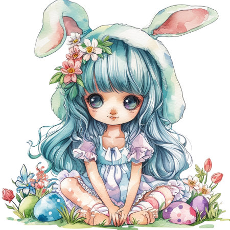 Holidays, spring and party concept. Portrait of lovely, cheerful blond girl in rabbit ears, holding colored eggs, celebrating Easter with family, enjoying spend traditional day with close peopleの素材