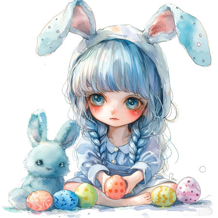 Holidays, spring and party concept. Portrait of lovely, cheerful blond girl in rabbit ears, holding colored eggs, celebrating Easter with family, enjoying spend traditional day with close peopleの素材