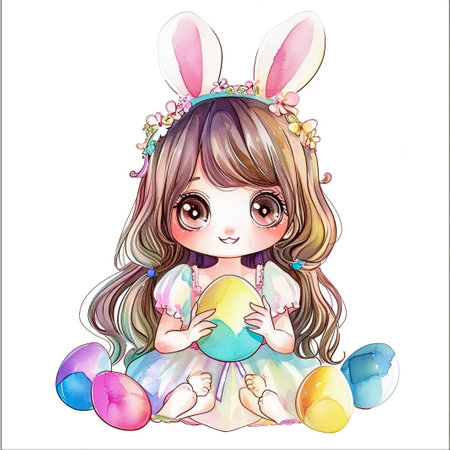 Cute little child wearing bunny ears on Easter day. Girl with painted eggs on bright purple background. Violet and yellow colors.の素材