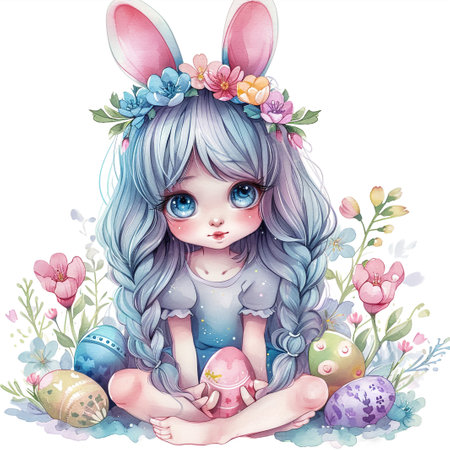 Holidays, spring and party concept. Portrait of lovely, cheerful blond girl in rabbit ears, holding colored eggs, celebrating Easter with family, enjoying spend traditional day with close peopleの素材