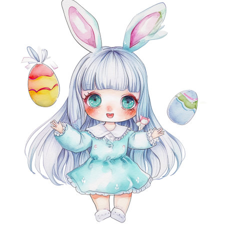 Holidays, spring and party concept. Portrait of lovely, cheerful blond girl in rabbit ears, holding colored eggs, celebrating Easter with family, enjoying spend traditional day with close peopleの素材