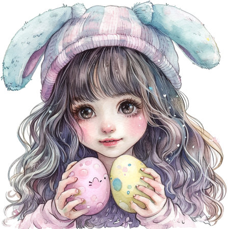 Holidays, spring and party concept. Portrait of lovely, cheerful blond girl in rabbit ears, holding colored eggs, celebrating Easter with family, enjoying spend traditional day with close peopleの素材
