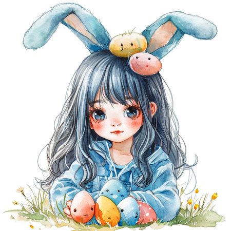 Holidays, spring and party concept. Portrait of lovely, cheerful blond girl in rabbit ears, holding colored eggs, celebrating Easter with family, enjoying spend traditional day with close peopleの素材