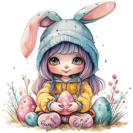 Holidays, spring and party concept. Portrait of lovely, cheerful blond girl in rabbit ears, holding colored eggs, celebrating Easter with family, enjoying spend traditional day with close peopleの素材