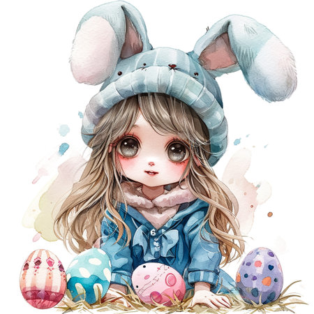 Holidays, spring and party concept. Portrait of lovely, cheerful blond girl in rabbit ears, holding colored eggs, celebrating Easter with family, enjoying spend traditional day with close peopleの素材