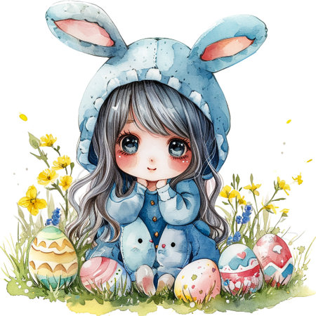 Holidays, spring and party concept. Portrait of lovely, cheerful blond girl in rabbit ears, holding colored eggs, celebrating Easter with family, enjoying spend traditional day with close peopleの素材