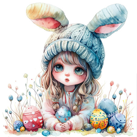 Holidays, spring and party concept. Portrait of lovely, cheerful blond girl in rabbit ears, holding colored eggs, celebrating Easter with family, enjoying spend traditional day with close peopleの素材