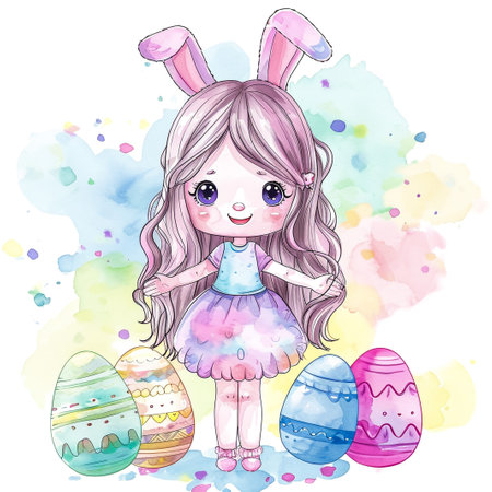 Holidays, spring and party concept. Portrait of lovely, cheerful blond girl in rabbit ears, holding colored eggs, celebrating Easter with family, enjoying spend traditional day with close peopleの素材