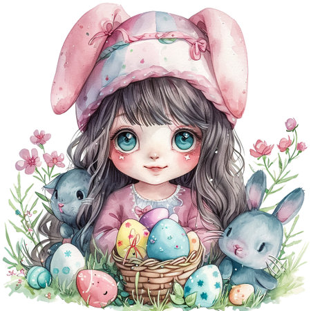 Holidays, spring and party concept. Portrait of lovely, cheerful blond girl in rabbit ears, holding colored eggs, celebrating Easter with family, enjoying spend traditional day with close peopleの素材