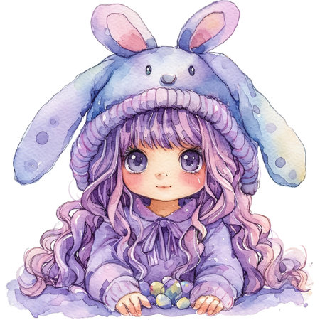 Holidays, spring and party concept. Portrait of lovely, cheerful blond girl in rabbit ears, holding colored eggs, celebrating Easter with family, enjoying spend traditional day with close peopleの素材