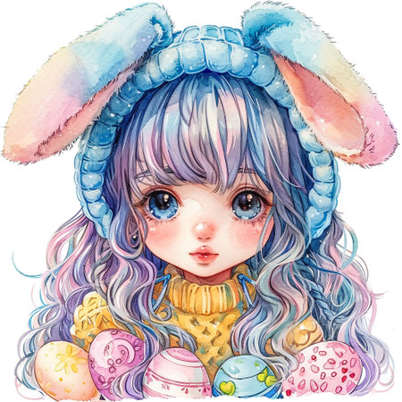 Holidays, spring and party concept. Portrait of lovely, cheerful blond girl in rabbit ears, holding colored eggs, celebrating Easter with family, enjoying spend traditional day with close peopleの素材
