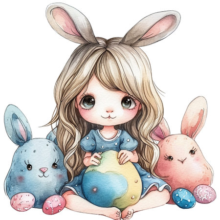 Holidays, spring and party concept. Portrait of lovely, cheerful blond girl in rabbit ears, holding colored eggs, celebrating Easter with family, enjoying spend traditional day with close peopleの素材