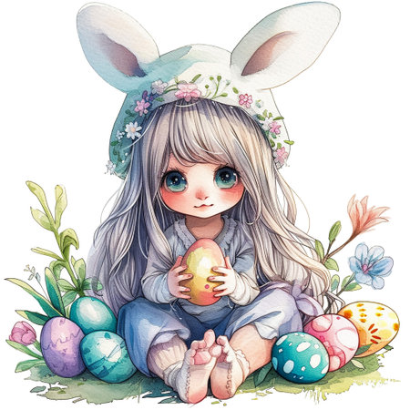 Holidays, spring and party concept. Portrait of lovely, cheerful blond girl in rabbit ears, holding colored eggs, celebrating Easter with family, enjoying spend traditional day with close peopleの素材