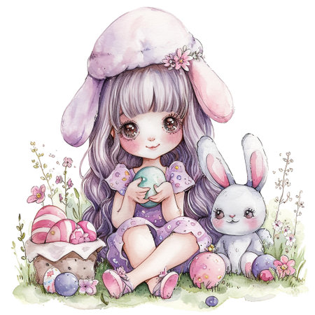 Holidays, spring and party concept. Portrait of lovely, cheerful blond girl in rabbit ears, holding colored eggs, celebrating Easter with family, enjoying spend traditional day with close peopleの素材