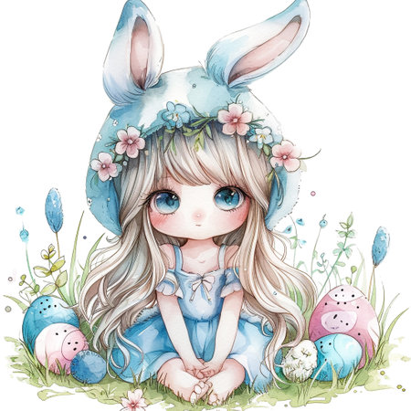 Holidays, spring and party concept. Portrait of lovely, cheerful blond girl in rabbit ears, holding colored eggs, celebrating Easter with family, enjoying spend traditional day with close peopleの素材