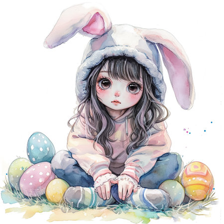 Holidays, spring and party concept. Portrait of lovely, cheerful blond girl in rabbit ears, holding colored eggs, celebrating Easter with family, enjoying spend traditional day with close peopleの素材