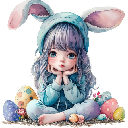 Holidays, spring and party concept. Portrait of lovely, cheerful blond girl in rabbit ears, holding colored eggs, celebrating Easter with family, enjoying spend traditional day with close peopleの素材