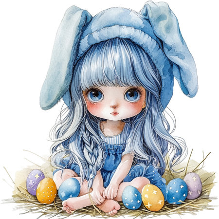 Holidays, spring and party concept. Portrait of lovely, cheerful blond girl in rabbit ears, holding colored eggs, celebrating Easter with family, enjoying spend traditional day with close peopleの素材