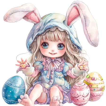 Holidays, spring and party concept. Portrait of lovely, cheerful blond girl in rabbit ears, holding colored eggs, celebrating Easter with family, enjoying spend traditional day with close peopleの素材