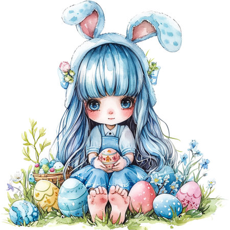 Holidays, spring and party concept. Portrait of lovely, cheerful blond girl in rabbit ears, holding colored eggs, celebrating Easter with family, enjoying spend traditional day with close peopleの素材