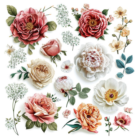 Watercolor flowers, pink, burgundy and indigo peonies. Floral summer clip art. Arrangement perfectly for printing design on invitations, cards, wall art and other. Isolated on white. Hand painted.の素材