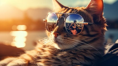 Cat wearing sunglasses relaxing on the beachの素材