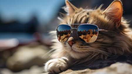 Cat wearing sunglasses relaxing on the beachの素材