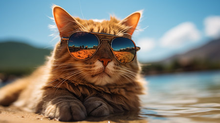 Cat wearing sunglasses relaxing on the beachの素材