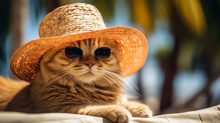 Cat wearing sunglasses relaxing on the beachの素材