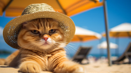 Cat wearing sunglasses relaxing on the beachの素材