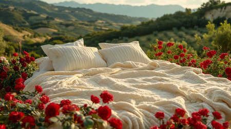 A bunch of pink roses on white crochet cardigan, white pillows, small silver lamp and tree at background, a surprise Valentine's Day in bed, soft color toneの素材