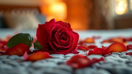 A bunch of pink roses on white crochet cardigan, white pillows, small silver lamp and tree at background, a surprise Valentine's Day in bed, soft color toneの素材