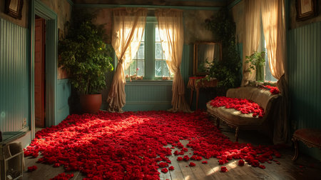 A bunch of pink roses on white crochet cardigan, white pillows, small silver lamp and tree at background, a surprise Valentine's Day in bed, soft color toneの素材