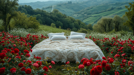 A bunch of pink roses on white crochet cardigan, white pillows, small silver lamp and tree at background, a surprise Valentine's Day in bed, soft color toneの素材