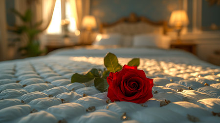 A bunch of pink roses on white crochet cardigan, white pillows, small silver lamp and tree at background, a surprise Valentine's Day in bed, soft color toneの素材