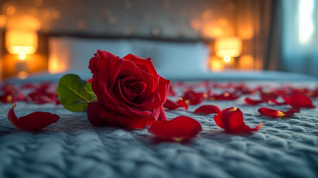 A bunch of pink roses on white crochet cardigan, white pillows, small silver lamp and tree at background, a surprise Valentine's Day in bed, soft color toneの素材