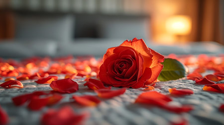 A bunch of pink roses on white crochet cardigan, white pillows, small silver lamp and tree at background, a surprise Valentine's Day in bed, soft color toneの素材
