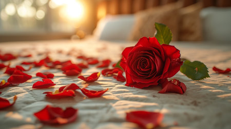 Red rose Place on a clean white bed. And a red rose petals strewn around.の素材