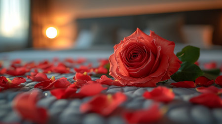 A bunch of pink roses on white crochet cardigan, white pillows, small silver lamp and tree at background, a surprise Valentine's Day in bed, soft color toneの素材