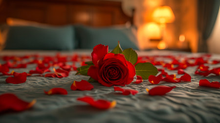A bunch of pink roses on white crochet cardigan, white pillows, small silver lamp and tree at background, a surprise Valentine's Day in bed, soft color toneの素材