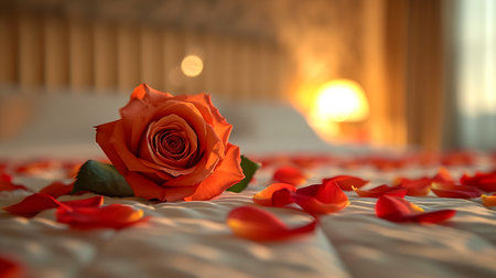 A bunch of pink roses on white crochet cardigan, white pillows, small silver lamp and tree at background, a surprise Valentine's Day in bed, soft color toneの素材