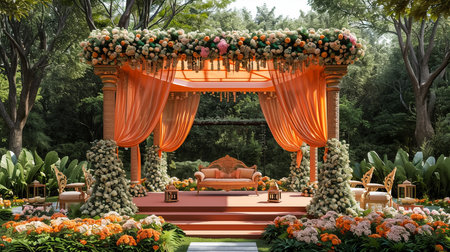 Luxury Wedding Arch with floral decorations in the form of big vases and bouquets, tall white backdrop and tall flowers postの素材