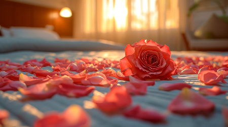 A bunch of pink roses on white crochet cardigan, white pillows, small silver lamp and tree at background, a surprise Valentine's Day in bed, soft color toneの素材