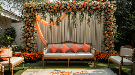 indian wedding stage decoration with flower arrangementsの素材