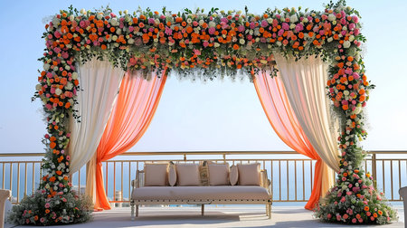 indian wedding stage decoration with flower arrangementsの素材