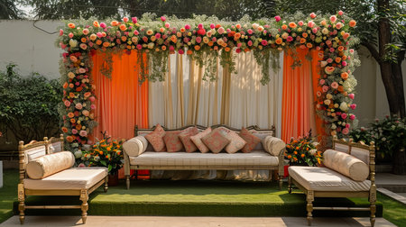 Luxury Wedding Arch with floral decorations in the form of big vases and bouquets, tall white backdrop and tall flowers postの素材