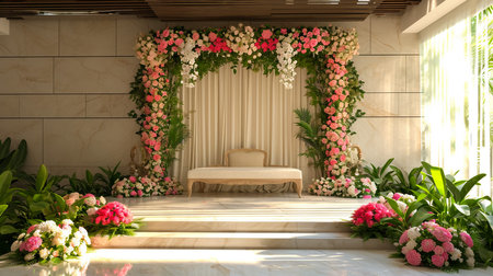 indian wedding stage decoration with flower arrangementsの素材