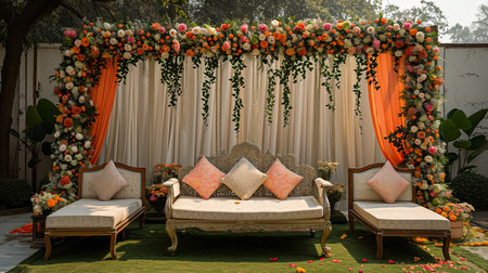 indian wedding stage decoration with flower arrangementsの素材